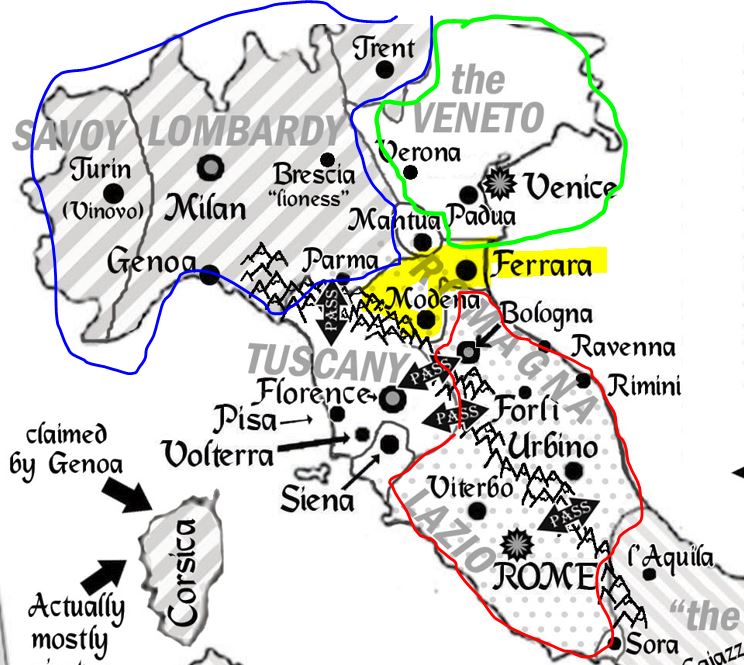 Ma p of northern Italy. Ferrara is highlighted in yellow, positioned in between the top left section (circled in blue) which is under the dominion of the Holy Roman Emperor, the top right section which is under the ruler of Venice (circled in green), and the bottom section circled in red which is the Papal States. Tuscany is also visible as a gap between these empires to the left, but Ferrara is the skinny choke point, just south of Venice and north of Bologna.